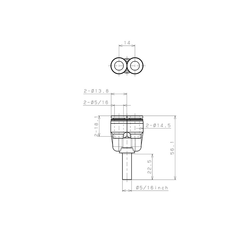 Bản vẽ kỹ thuật Đầu Nối Nhanh Khí Nén Giữa Ống Khí Và Fitting Dạng Chữ Y Pisco PYJ5/16-C