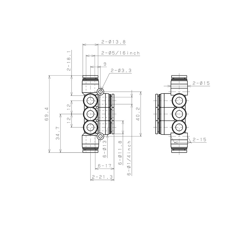 Bản vẽ kỹ thuật Đầu Nối Nhanh Khí Nén Chữ T 8 Ngã Dạng Nối Giảm Pisco PKVG5/16-1/4