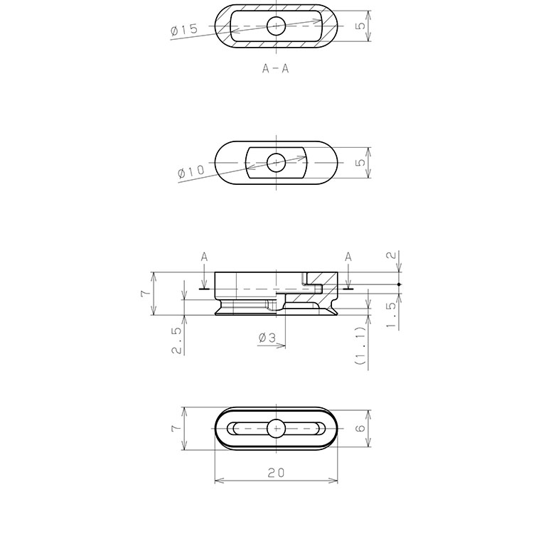 Bản vẽ kỹ thuật Đầu Nấm Hút Chân Không Hình Oval Bầu Dục, Silicone Dẫn Điện,  O.D , Pisco VP6x20ESE