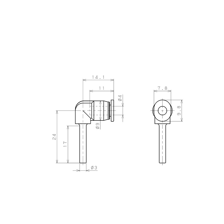 Bản vẽ kỹ thuật Đầu Nối Nhanh Khí Nén Giữa Ống Khí Và Fitting Dạng Nối Giảm Cong 90° Pisco PLGJ3-4MW