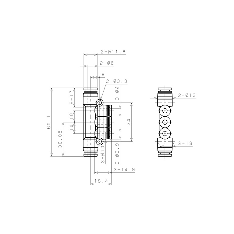 Bản vẽ kỹ thuật Đầu Nối Nhanh Khí Nén Chữ T 5 Ngã Dạng Nối Giảm Pisco PKG6-4W-C