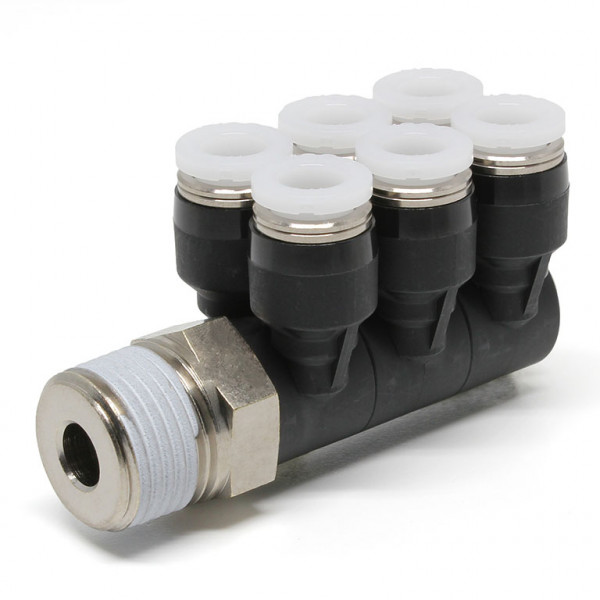 Đầu Nối Nhanh Khí Nén Sáu Nhánh Cong 90° Thân Lục Giác Trụ Ren Ngoài Pisco PAT1/4-03