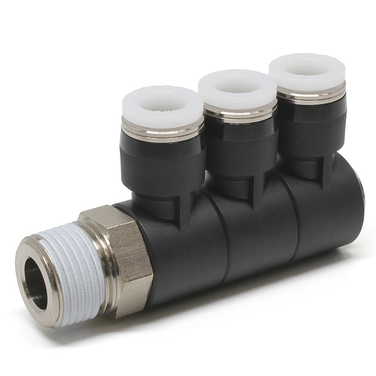 Đầu Nối Nhanh Khí Nén Ba Nhánh Cong 90° Thân Lục Giác Trụ Ren Ngoài Pisco PHT5/16-03