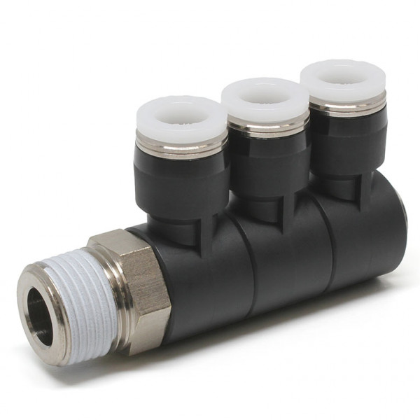 Đầu Nối Nhanh Khí Nén Ba Nhánh Cong 90° Thân Lục Giác Trụ Ren Ngoài Pisco PHT5/16-03