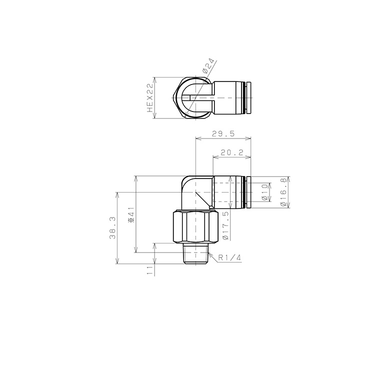 Bản vẽ kỹ thuật Đầu Nối Nhanh Khí Nén Dạng Cong 90° Ren Ngoài Có Khớp Xoay Pisco RL10-02