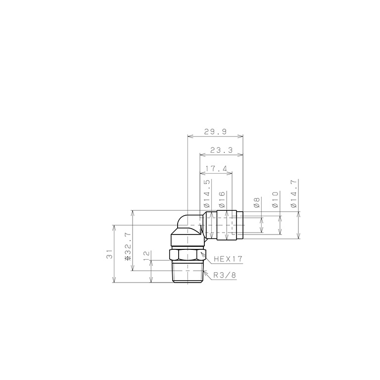 Bản vẽ kỹ thuật Đầu Nối Nhanh Khí Nén Dạng Cong 90° Ren Ngoài Pisco PL8-03V-0