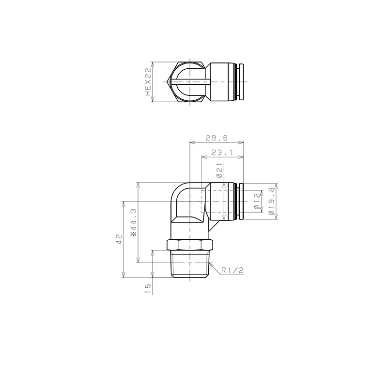 Bản vẽ kỹ thuật Đầu Nối Nhanh Khí Nén Dạng Cong 90° Ren Ngoài Pisco PPL12-04-TP