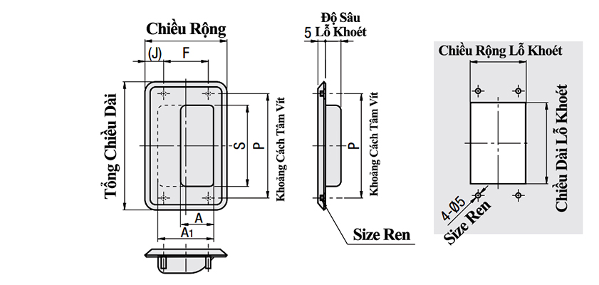 Bản vẽ kỹ thuật Tay Nắm Cửa Âm Inox 304 Đánh Xước W 60 mm x L 94 mm (UWUAN94-N)
