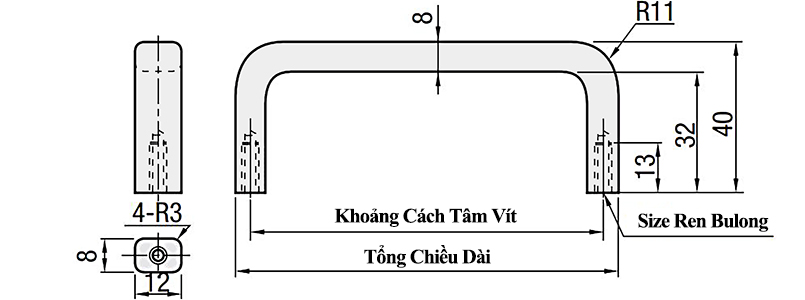 Bản vẽ kỹ thuật Tay Nắm Cửa Chữ U Hợp Kim Nhôm Đánh Bóng W 12 mm x L 100 mm (USANA100)