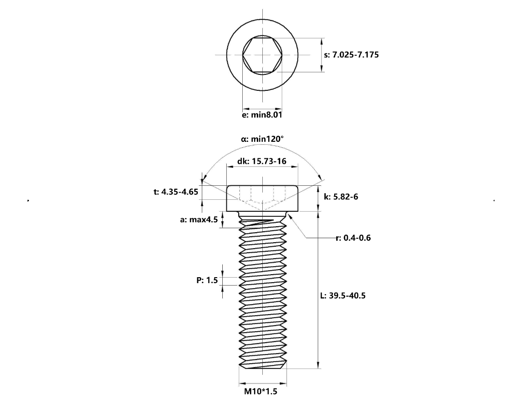 Bản vẽ kỹ thuật Lục Giác Trụ Đầu Thấp Inox 304 DIN7984 M10x40