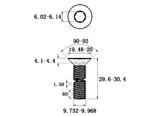 Bản vẽ kỹ thuật Lục Giác Chìm Col Thép Mạ Kẽm Trắng Cr3+ 10.9 DIN7991 M10x30