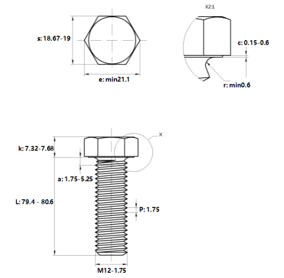 Bản vẽ kỹ thuật Bulong Thép Đen 10.9 DIN933 M12x80