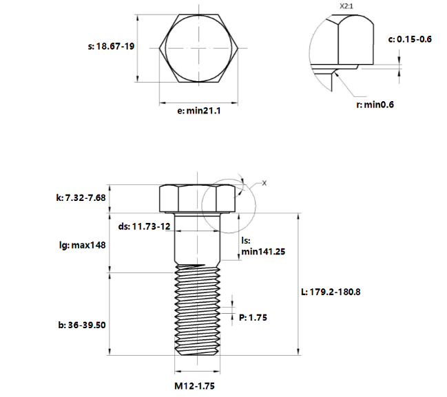 Bản vẽ kỹ thuật Bulong Thép Đen 8.8 DIN931 M12x180 Ren Lửng