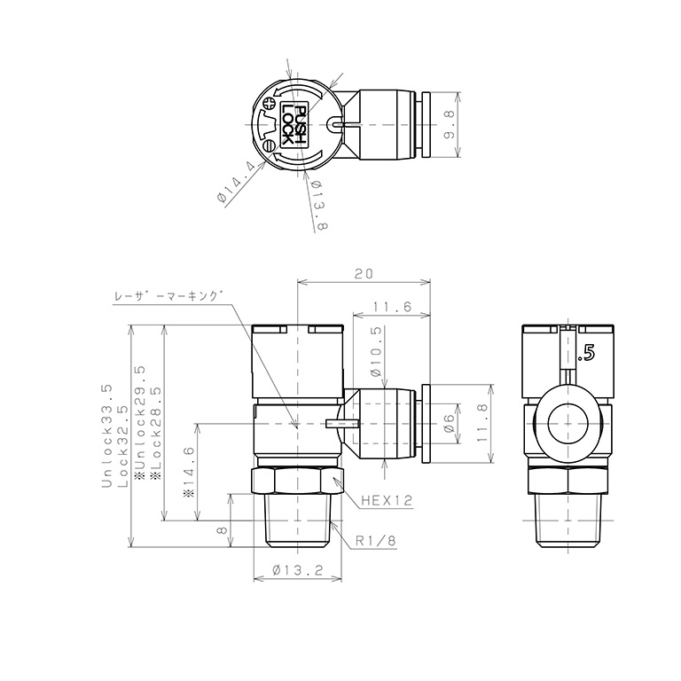 Bản vẽ kỹ thuật Van Tiết Lưu Khí Nén Loại Khóa Đẩy Có Hiển Thị Chỉ Số Pisco JSGC6-01ALW