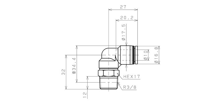 Bản vẽ kỹ thuật Đầu Nối Nhanh Khí Nén Cong 90° Phi 10mm Ren Ngoài R3/8 Pisco PL10-03