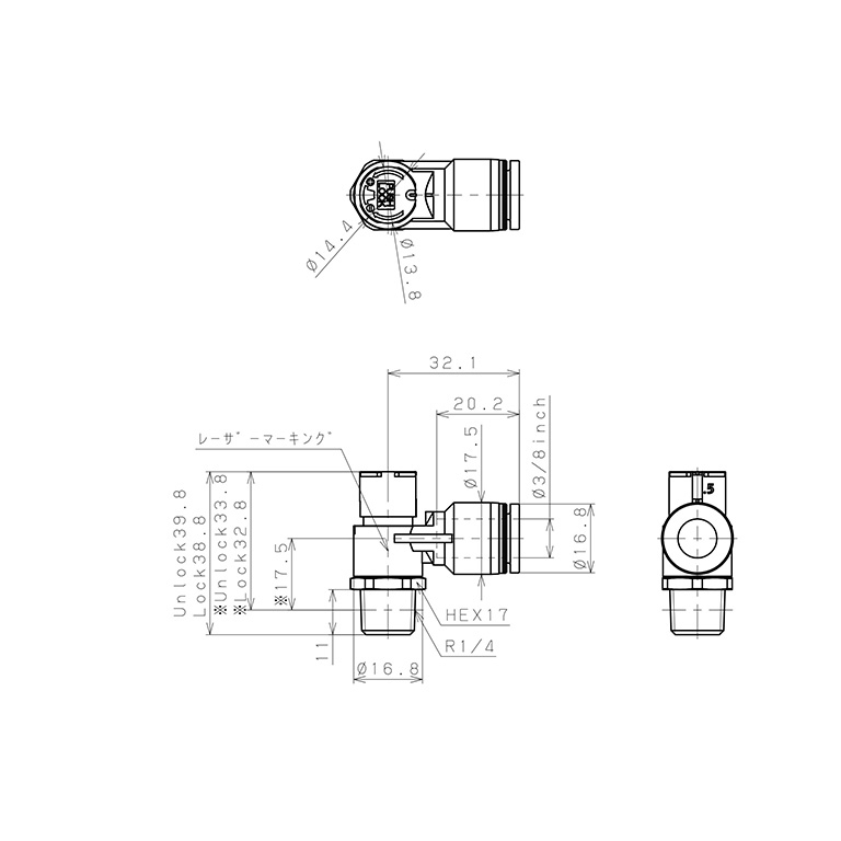 Bản vẽ kỹ thuật Van Tiết Lưu Khí Nén Loại Khóa Đẩy Có Hiển Thị Chỉ Số Pisco JSGC3/8-02ALW