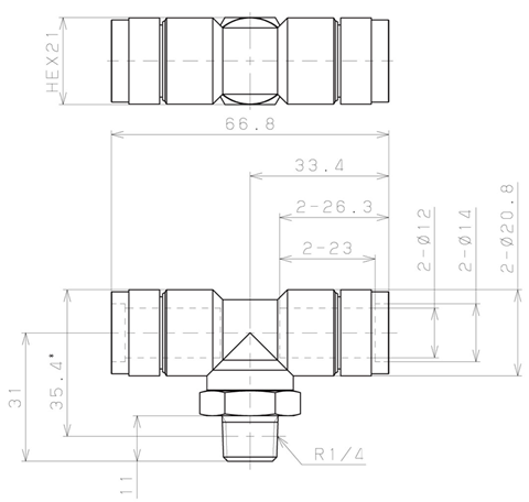 Bản vẽ kỹ thuật Đầu Nối Nhanh Khí Nén Dạng Chữ T Ren Ngoài Pisco KB12-02