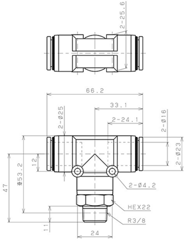 Bản vẽ kỹ thuật Đầu Nối Nhanh Khí Nén Chữ T Phi 16mm Ren Ngoài R3/8 Pisco PB16-03