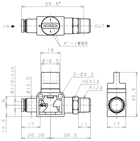 Bản vẽ kỹ thuật Van Tay Khí Nén Pisco HV1/4-02-2