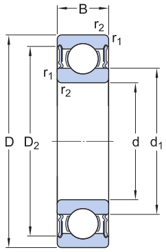 Bản vẽ kỹ thuật Vòng Bi Cầu Rãnh Sâu SKF 61900-2RS1 (10x22x6) Phốt Cao Su NBR Tiếp Xúc (Hai Bên)