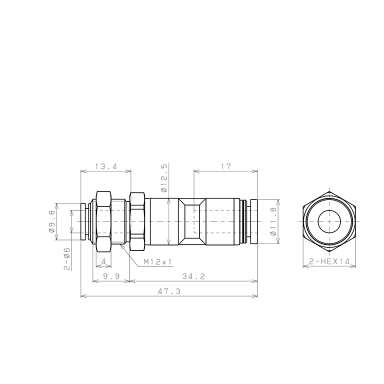 Bản vẽ kỹ thuật Đầu Nối Nhanh Khí Nén Dạng Thẳng Lắp Kẹp Vách Có Van Tự Ngắt Pisco PSM6M-6