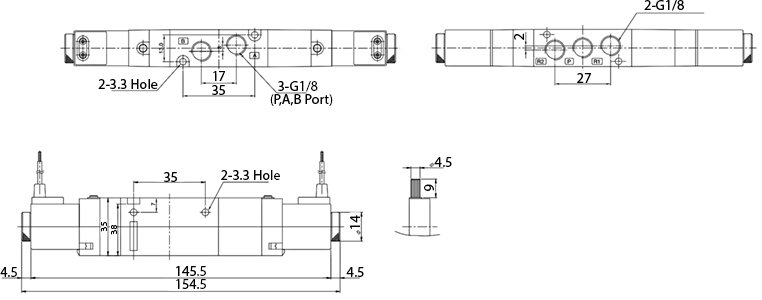 Bản vẽ kỹ thuật Van Điện Từ Khí Nén Solenoid 5/3 2 Coil Parker Size PT1/8 PHS-510C-6-24V