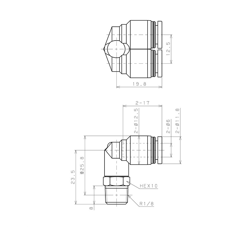 Bản vẽ kỹ thuật Đầu Nối Nhanh Khí Nén Hai Nhánh Cong 90° Ren Ngoài Pisco PAX6-01W