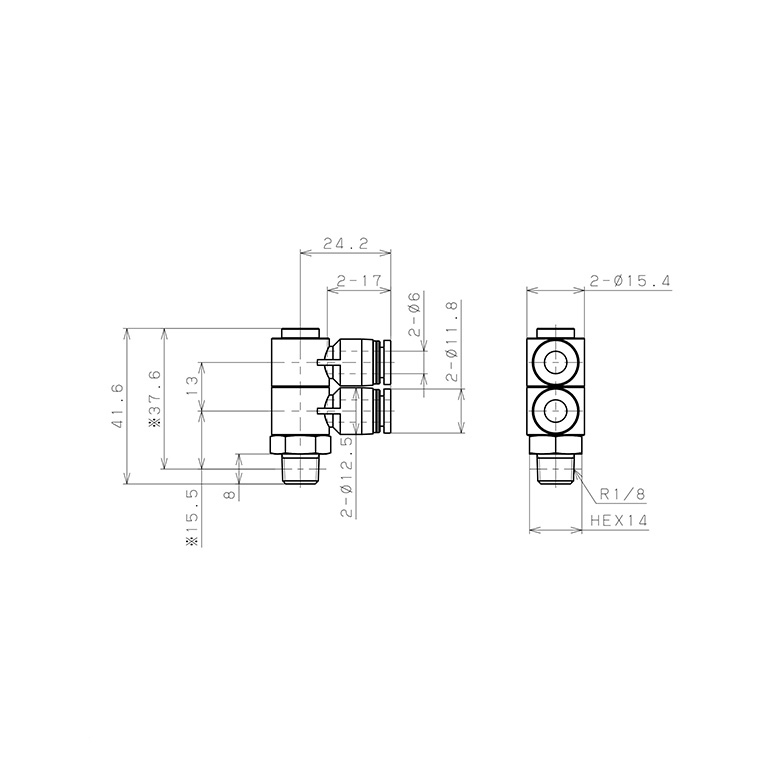 Bản vẽ kỹ thuật Đầu Nối Nhanh Khí Nén Hai Nhánh Cong 90° Thân Lục Giác Trụ Ren Ngoài Pisco PHW6-01W-C