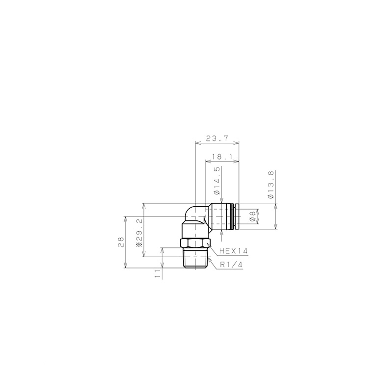 Bản vẽ kỹ thuật Đầu Nối Nhanh Khí Nén Dạng Cong 90° Ren Ngoài Pisco PL8-02W-C