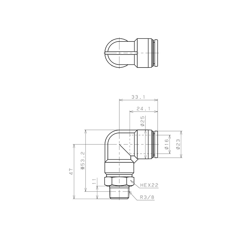Bản vẽ kỹ thuật Đầu Nối Nhanh Khí Nén Dạng Cong 90° Ren Ngoài Pisco SPL16-03-UC
