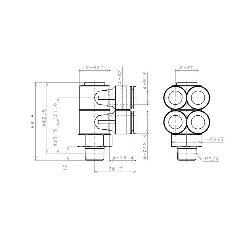 Bản vẽ kỹ thuật Đầu Nối Nhanh Khí Nén Bốn Nhánh Cong 90° Thân Lục Giác Trụ Ren Ngoài Pisco SPAW12-03