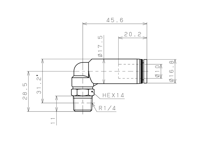 Bản vẽ kỹ thuật Đầu Nối Nhanh Khí Nén Dạng Cong 90° Ren Ngoài Có Van Tự Ngắt Pisco PSL10-02