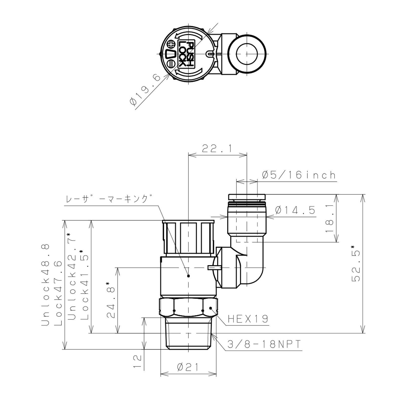 Bản vẽ kỹ thuật Van Tiết Lưu Khí Nén Loại Khóa Đẩy Có Hiển Thị Chỉ Số Pisco JSGS5/16-N3BLW