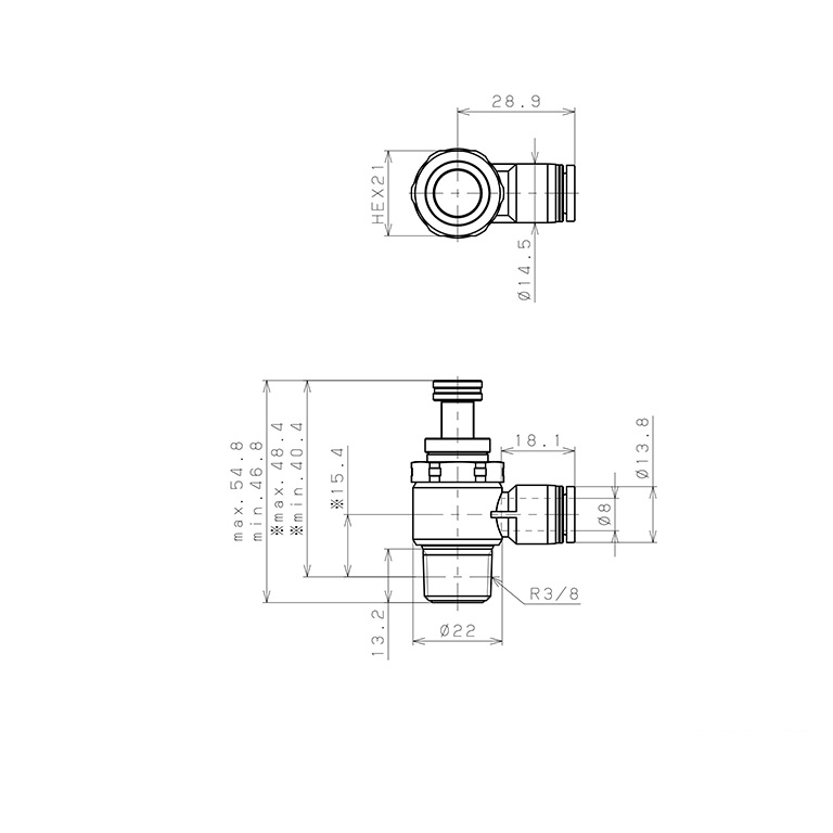 Bản vẽ kỹ thuật Van Tiết Lưu Khí Nén Chân Kim, Nhựa PP Và Inox 304 Pisco PJNC8-03-HN
