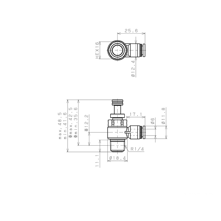 Bản vẽ kỹ thuật Van Tiết Lưu Khí Nén Chân Kim, Nhựa PP Và Inox 304 Pisco PJNC6-02-F