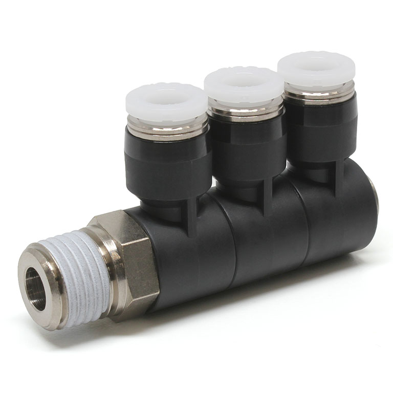 Đầu Nối Nhanh Khí Nén Ba Nhánh Cong 90° Thân Lục Giác Trụ Ren Ngoài Pisco PHT1/4-02