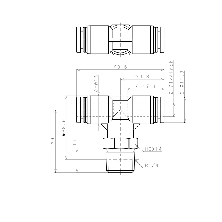 Bản vẽ kỹ thuật Đầu Nối Nhanh Khí Nén Dạng Chữ T Ren Ngoài Pisco PPB1/4-02-F