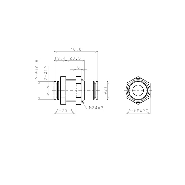 Bản vẽ kỹ thuật Đầu Nối Nhanh Khí Nén Dạng Thẳng Ren Ngoài Lắp Kẹp Vách Pisco PPMP12-F-C