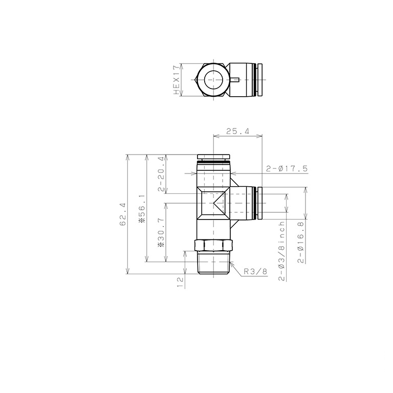 Bản vẽ kỹ thuật Đầu Nối Nhanh Khí Nén Dạng Chữ T Ren Ngoài Pisco PPD3/8-03SUS-F