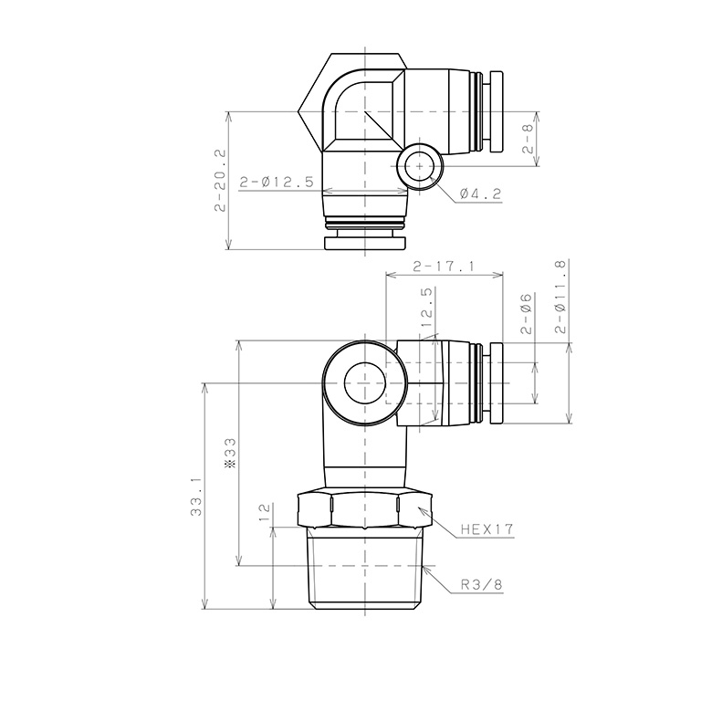Bản vẽ kỹ thuật Đầu Nối Nhanh Khí Nén Hai Nhánh Chạc Ba Cong 90° Ren Ngoài Pisco PVX6-03SUS
