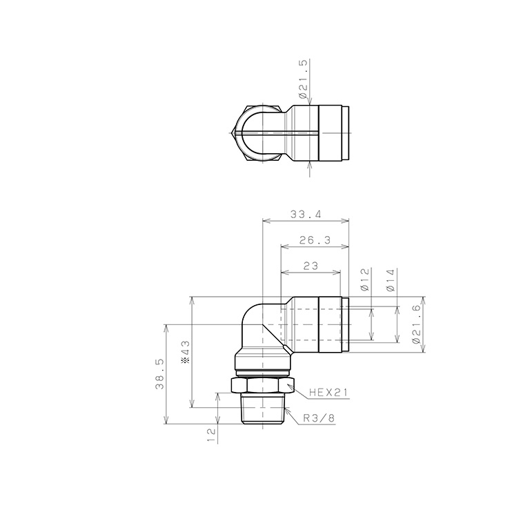 Bản vẽ kỹ thuật Đầu Nối Nhanh Khí Nén Dạng Cong 90° Ren Ngoài Pisco KL12-03-F