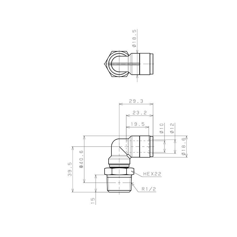 Bản vẽ kỹ thuật Đầu Nối Nhanh Khí Nén Dạng Cong 90° Ren Ngoài Pisco KL10-04-F
