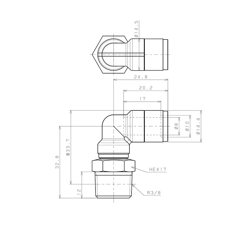 Bản vẽ kỹ thuật Đầu Nối Nhanh Khí Nén Dạng Cong 90° Ren Ngoài Pisco KL8-03