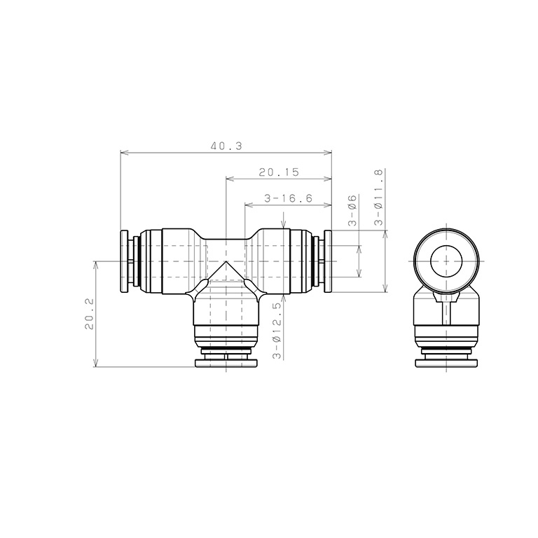 Bản vẽ kỹ thuật Đầu Nối Nhanh Khí Nén Chữ T Pisco KE6-1-F