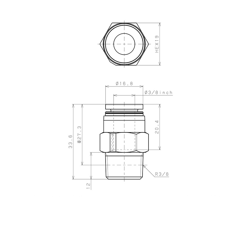 Bản vẽ kỹ thuật Đầu Nối Nhanh Khí Nén Dạng Thẳng Thân Lục Giác Ren Ngoài Pisco PPC3/8-03-TP-C