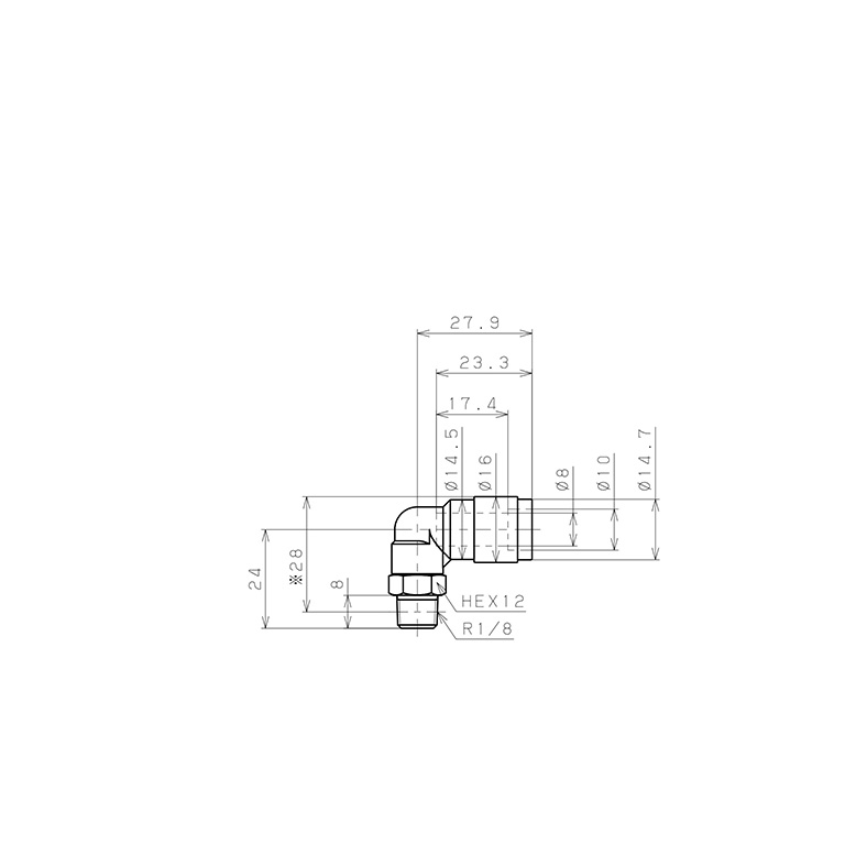 Bản vẽ kỹ thuật Đầu Nối Nhanh Khí Nén Dạng Cong 90° Ren Ngoài Pisco PL8-01V-0