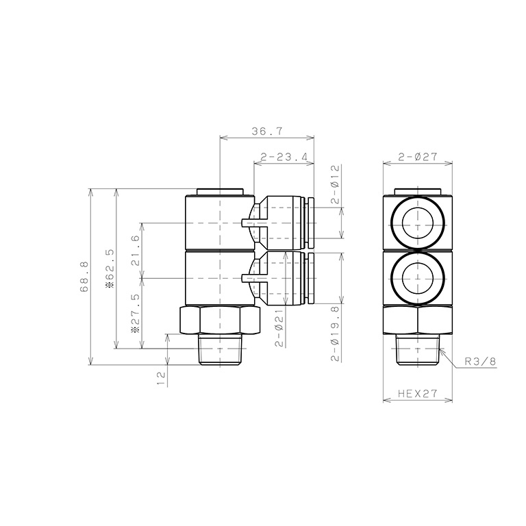 Bản vẽ kỹ thuật Đầu Nối Nhanh Khí Nén Hai Nhánh Cong 90° Thân Lục Giác Trụ Ren Ngoài Pisco SPHW12-03
