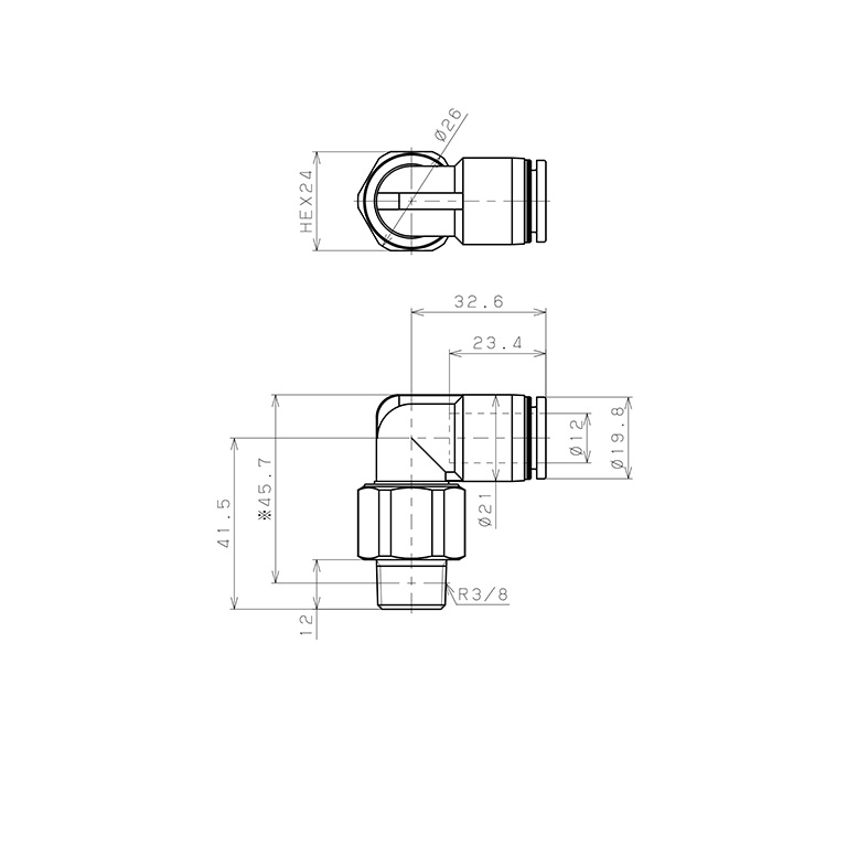 Bản vẽ kỹ thuật Đầu Nối Nhanh Khí Nén Dạng Cong 90° Ren Ngoài Có Khớp Xoay Pisco RL12-03