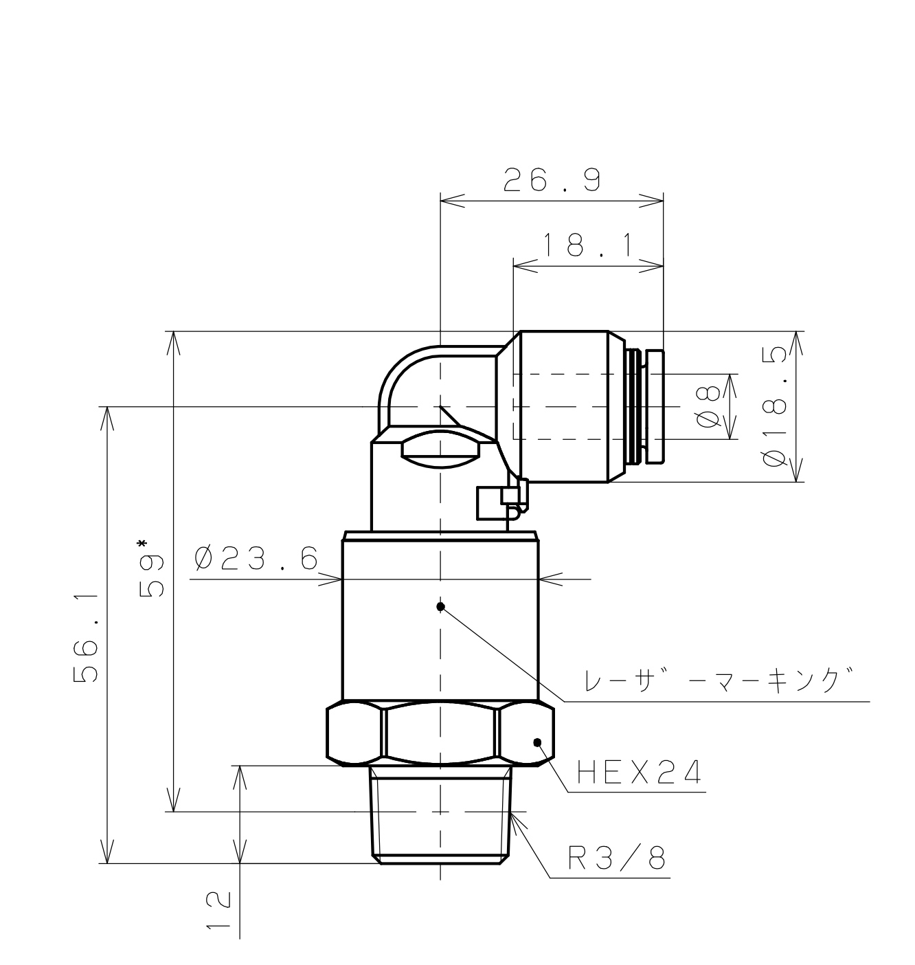Bản vẽ kỹ thuật Đầu Nối Nhanh Khí Nén Dạng Cong 90° Ren Ngoài Có Khớp Xoay Pisco RAL8-03SUS