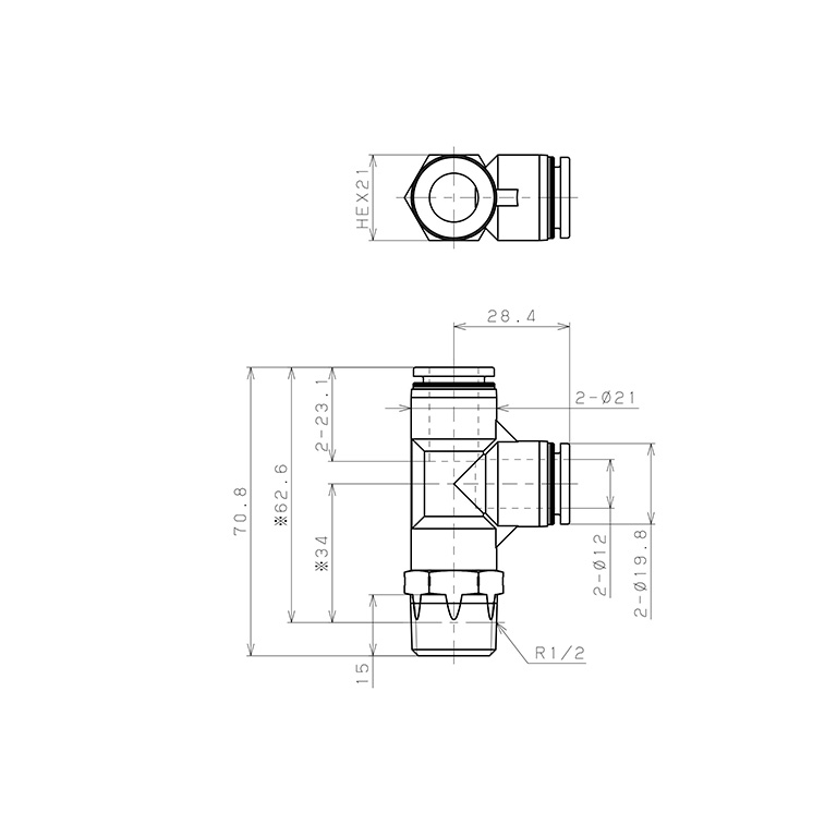 Bản vẽ kỹ thuật Đầu Nối Nhanh Khí Nén Dạng Chữ T Ren Ngoài Pisco PD12-04SUS